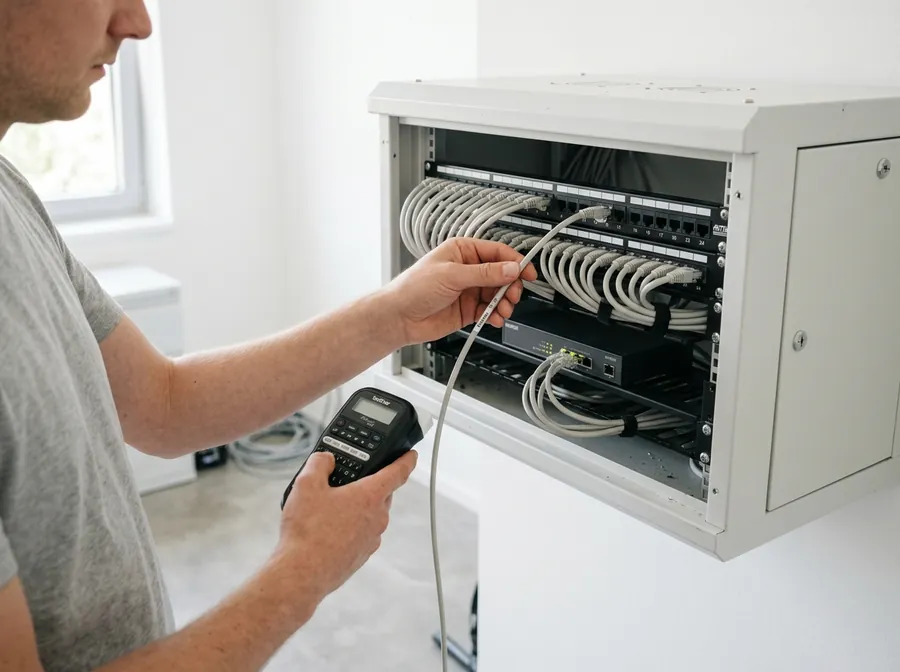 Techniker arbeitet am Netzwerkschrank mit Patchpanel und Switch